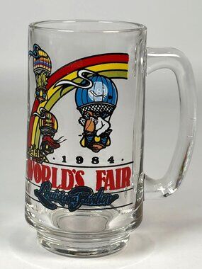1984 Worlds Fair Louisiana Pavilion Clear Glass Beer Mug Hot Air Balloon Design